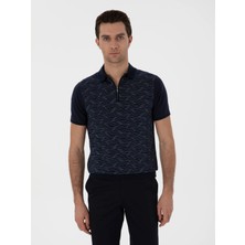 Cacharel Navy Regular Fit Zip Polo Collar Patterned T-Shirt