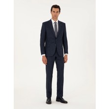 Cacharel Navy Slim Fit Wool Linen Blend Micro Patterned Suit