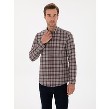 Cacharel Burgundy Slim Fit %100 Cotton Checked Shirt