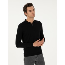 Cacharel Black Regular Fit Wool Blend Zip Polo Collar Basic Knit Sweater