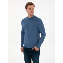 Cacharel Dark Blue Slim Fit Wool Blend Low Mock Neck Basic Knit Sweater