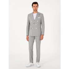 Cacharel Light Grey Slim Fit %100 Wool Striped Double-Breasted Suit