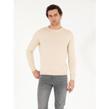 Cacharel Beige Slim Fit Cotton Blend Crew Neck Basic Knit Sweater