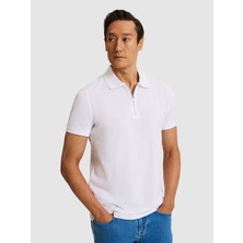 Cacharel White Slim Fit %100 Pure Cotton Zip Polo Collar Basic T-Shirt