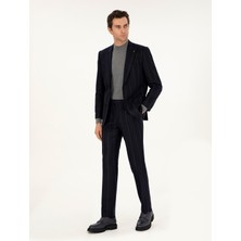 Cacharel Dark Navy %100 Wool Peak Lapel Striped Suit
