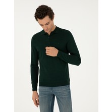 Cacharel Emerald Regular Fit Wool Blend Zip Polo Neck Basic Knit Sweater