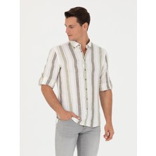 Cacharel Khaki Slim Fit %100 Linen Shirt