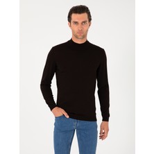 Cacharel Dark Brown Slim Fit Wool Blend Mock Neck Basic Knit Sweater
