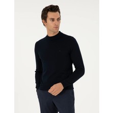 Cacharel Navy Slim Fit Wool Blend Mock Neck Basic Knit Sweater