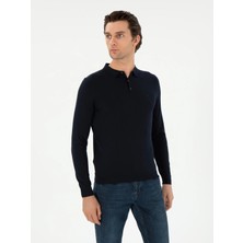 Cacharel Navy Slim Fit Wool Blend Polo Collar Basic Knit Sweater