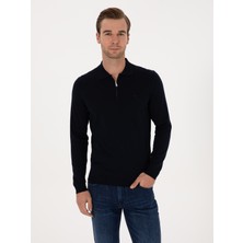 Cacharel Navy Regular Fit Wool Blend Zip Polo Collar Basic Knit Sweater