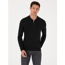Cacharel Black Regular Fit Wool Blend Zip Polo Collar Basic Knit Sweater