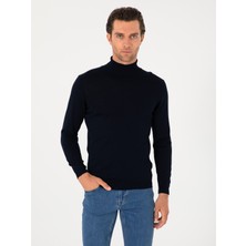 Cacharel Navy Slim Fit Wool Blend Turtleneck Basic Knit Sweater
