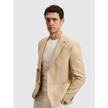 Cacharel Beige Slim Fit Wool Linen Blend Micro Pattern Peak Lapel Blazer