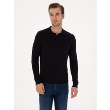 Cacharel Navy Regular Fit Cotton Blend Polo Collar Basic Knit Sweater