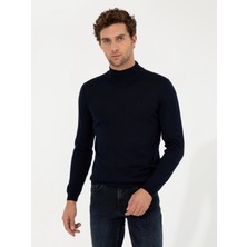 Cacharel Navy Slim Fit Half Turtleneck Basic Knit Sweater