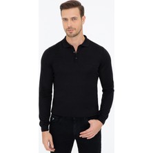 Cacharel Black Slim Fit Polo Collar Basic Knit Sweater