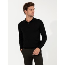 Cacharel Black Slim Fit Polo Collar Basic Knit Sweater