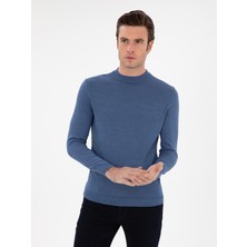 Cacharel Dark Blue Slim Fit Wool Blend Low Mock Neck Basic Knit Sweater