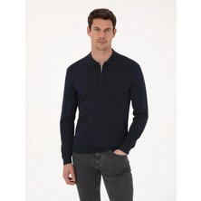 Cacharel Navy Regular Fit Wool Blend Zip Polo Collar Basic Knit Sweater