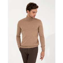 Cacharel Camel Slim Fit Turtleneck Basic Knit Sweater