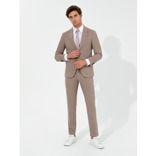 Cacharel Beige Slim Fit Wool Blend Peak Lapel Striped Suit