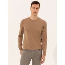Cacharel Camel Slim Fit Crew Neck Basic Knit Sweater