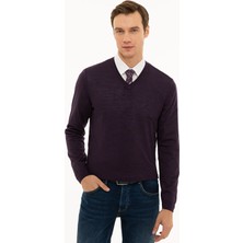 Cacharel Purple Slim Fit V-Neck Basic Knit Sweater