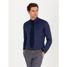 Cacharel Navy Slim Fit %100 Cotton Italian Collar Basic Shirt