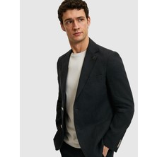 Cacharel Black Slim Fit %100 Linen Micro Pattern Notch Lapel Blazer