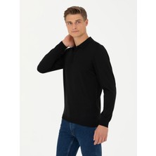 Cacharel Black Slim Fit Polo Collar Basic Knit Sweater