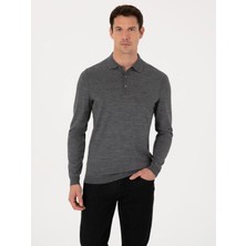 Cacharel Smoke Grey Regular Fit Wool Blend Polo Collar Basic Knit Sweater