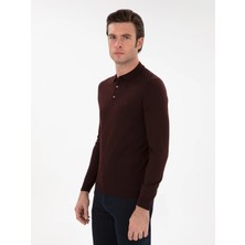 Cacharel Burgundy Slim Fit Wool Blend Polo Collar Basic Knit Sweater