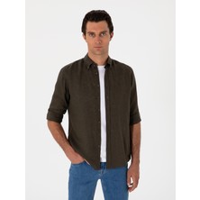 Cacharel Dark Khaki Regular Fit %100 Linen Shirt