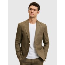 Cacharel Khaki Slim Fit %100 Linen Micro Pattern Notch Lapel Blazer