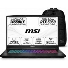 MSI Msı Katana 17 Hx B14WFK-257XTR S6 Intel Core I7 14650HX  RTX5060 32GB 2tb SSD 17.3" Qhd 240Hz Windows 11 Pro Taşınabilir Bilgisayar + Snertech Çanta