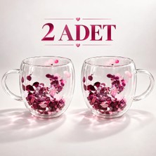Zürih Collection Kurutulmuş Canlı Çiçekli 2 Adet Çift Cidarlı Çay Kahve Kupası Mor Ortanca Çiçeği Hediyelik 250 ml