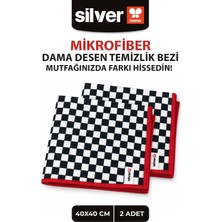 Silver Home 2’li Dama Desen Mikrofiber Temizlik Bezi 40X40 cm Süper Emici Iz Bırakmaz Çok Amaçlı Mutfak Bezi