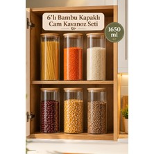 Porsima 3-3 Bambu Vakumlu Kapaklı Yuvarlak Cam 6lı Kavanoz Seti Saklama Kabı 1650ML 10X25CM