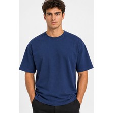 Vasto Moda Erkek Oversize Kalın Dokulu %100 Organik Pamuk Bisiklet Ribana Yakalı Lacivert T-Shirt