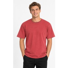 Vasto Moda Erkek Oversize Kalın Dokulu %100 Organik Pamuk Bisiklet Ribana Yakalı Kiremit T-Shirt