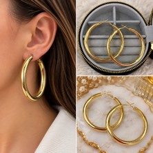 Fm 💎 Premium Parlak ve Şık Klasik Gold Renk Büyük Halka 316L Çelik Kadın Küpe