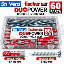 5N Vera Fischer Duopower 8X40 Dübel + 5X60 Vida Seti | 30 Dübel + 30 Vida, 60 Parça | Organizer Kutulu
