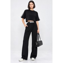 Mevese Kadın Spor Şık Çizgi Detaylı Crop Bluz ve Yüksek Bel Modal Takım - Siyah