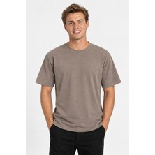 Vasto Moda Erkek Oversize Kalın Dokulu %100 Organik Pamuk Bisiklet Ribana Yakalı Kahverengi T-Shirt
