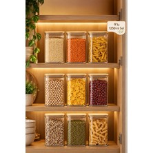 Porsima 6-3 Bambu Vakumlu Kapaklı Kare Borsilikat Cam 9lu Kavanoz Seti Saklama Kabı 1250ML 9,5X15CM
