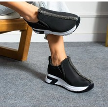 Labrona Kadın Spor Ayakkabı Sneaker Lastik Detaylı Taşlı Siyah Renkli Paraşüt Kumaş