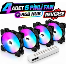 Next Gaming Orion 4 Adet Reverse (Ters Bıçak) Rgb 6 Pin 120MM Siyah Fan + Rgb Hub Set