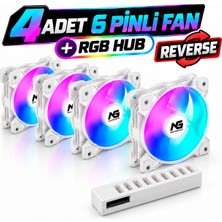 Next Gaming Orion 4 Adet Reverse (Ters Bıçak) Rgb 6 Pin 120MM Beyaz Fan + Rgb Hub Set