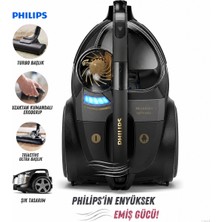 Philips Turbo Başlıklı Güçlü Emişli Torbasız Elektrikli Süpürge, Sap Üzerinden Emiş Ayarı, 2,2 L Toz Haznesi, HEPA13 Alerjik Filtre ve Halı ile Sert Zemin Temizliği + Tiftik Cihazı (Onerous)
